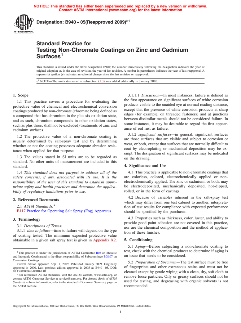 ASTM B940-05(2009)e1 - Standard Practice for Testing Non-Chromate Coatings on Zinc and Cadmium Surfaces