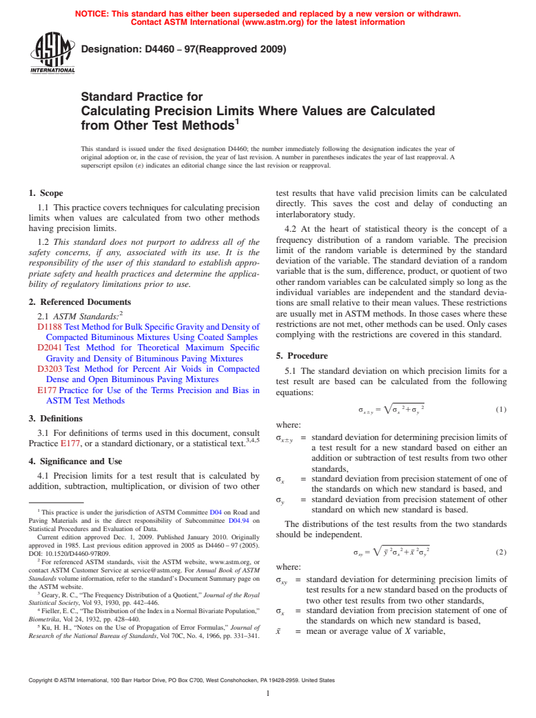 ASTM D4460-97(2009) - Standard Practice for Calculating Precision Limits Where Values are Calculated from Other Test Methods