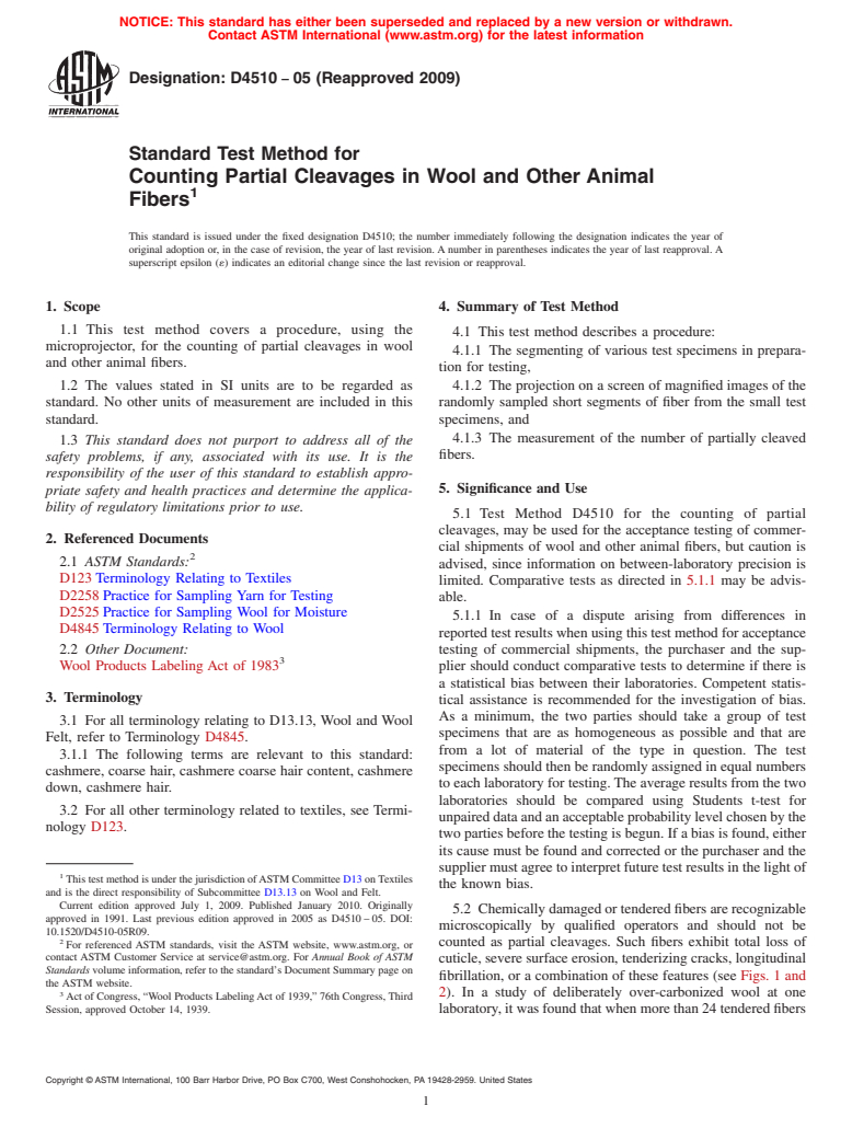 ASTM D4510-05(2009) - Standard Test Method for Counting Partial Cleavages in Wool and Other Animal Fibers (Withdrawn 2018)