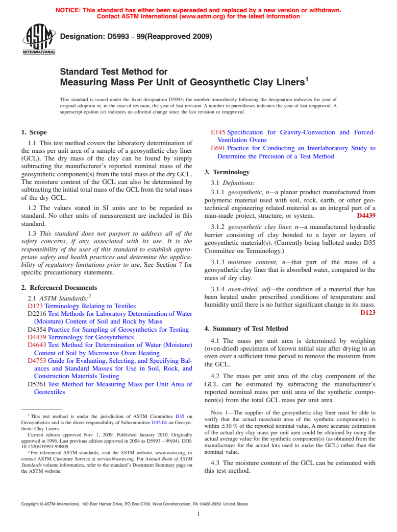 ASTM D5993-99(2009) - Standard Test Method for Measuring Mass Per Unit of Geosynthetic Clay Liners