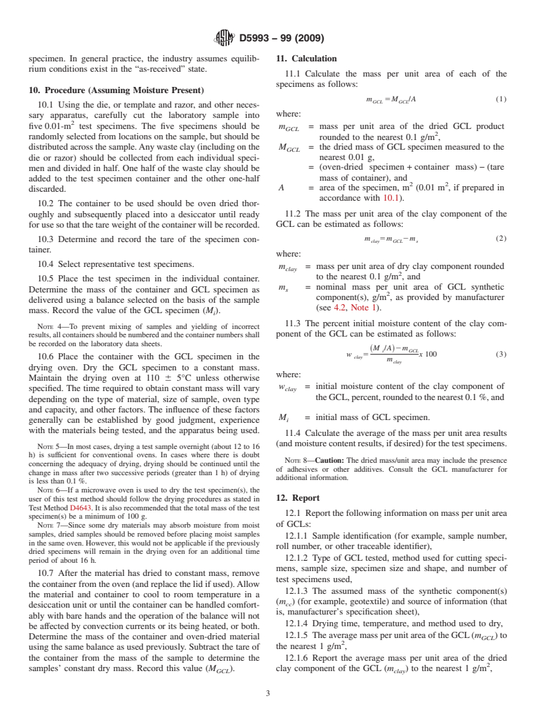 ASTM D5993-99(2009) - Standard Test Method for Measuring Mass Per Unit of Geosynthetic Clay Liners