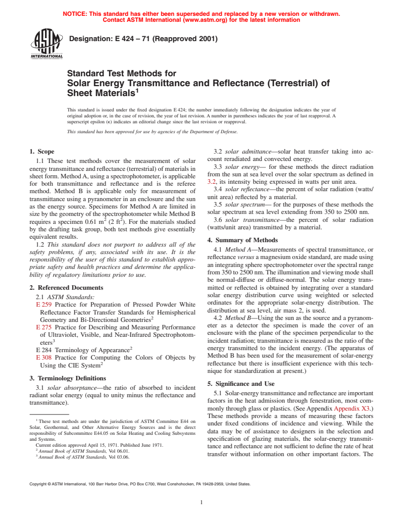 ASTM E424-71(2001) - Standard Test Methods for Solar Energy Transmittance and Reflectance (Terrestrial) of Sheet Materials