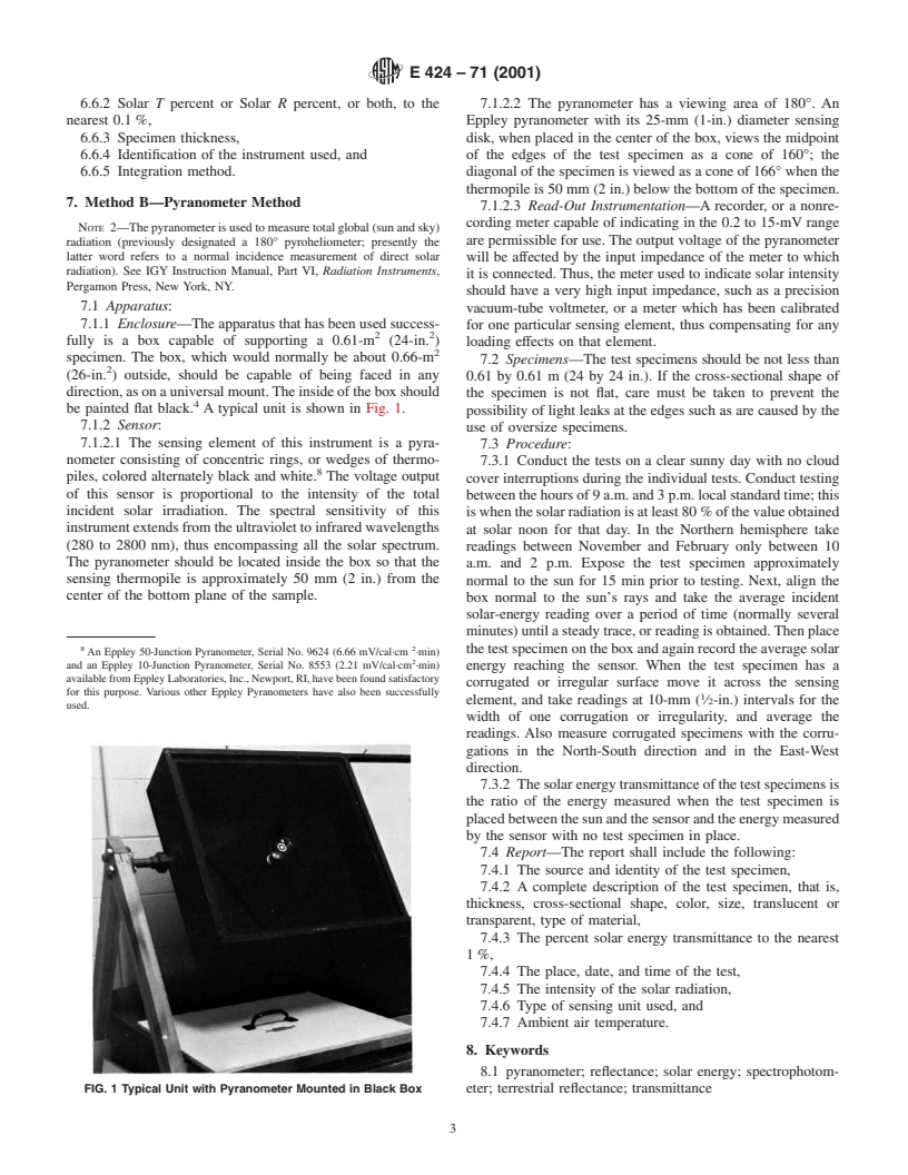 ASTM E424-71(2001) - Standard Test Methods for Solar Energy Transmittance and Reflectance (Terrestrial) of Sheet Materials