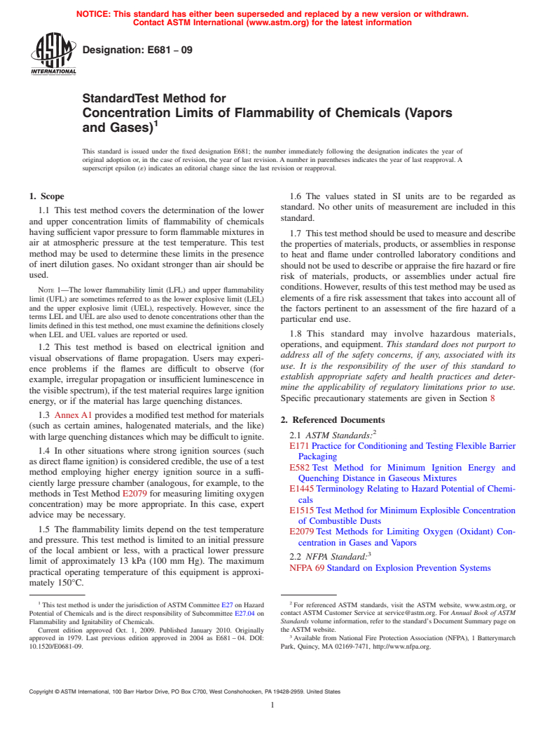 ASTM E681-09 - Standard Test Method for Concentration Limits of Flammability of Chemicals (Vapors and Gases)