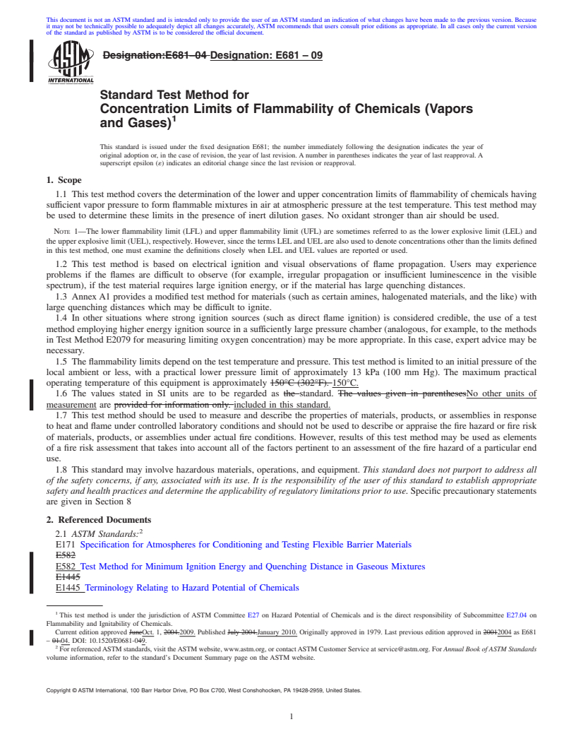 REDLINE ASTM E681-09 - Standard Test Method for Concentration Limits of Flammability of Chemicals (Vapors and Gases)