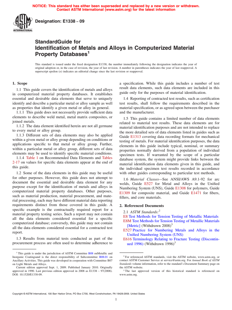 ASTM E1338-09 - Guide for Identification of Metals and Alloys in Computerized Material Property Databases