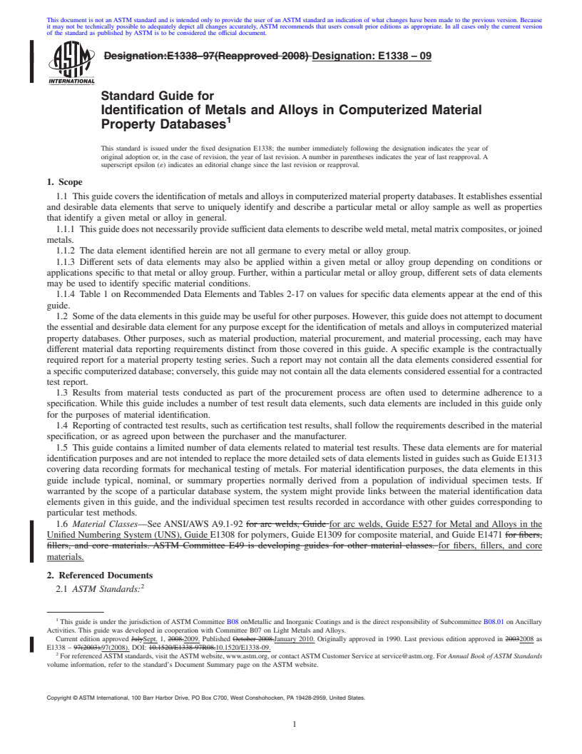 REDLINE ASTM E1338-09 - Guide for Identification of Metals and Alloys in Computerized Material Property Databases