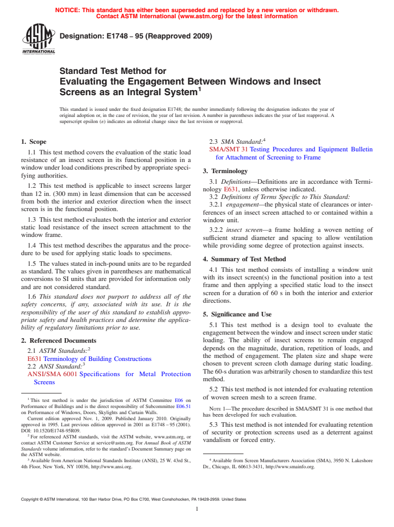 ASTM E1748-95(2009) - Standard Test Method for Evaluating the Engagement Between Windows and Insect Screens as an Integral System