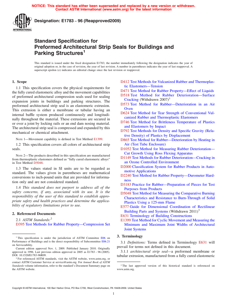 ASTM E1783-96(2009) - Standard Specification for Preformed Architectural Strip Seals for Buildings and Parking Structures