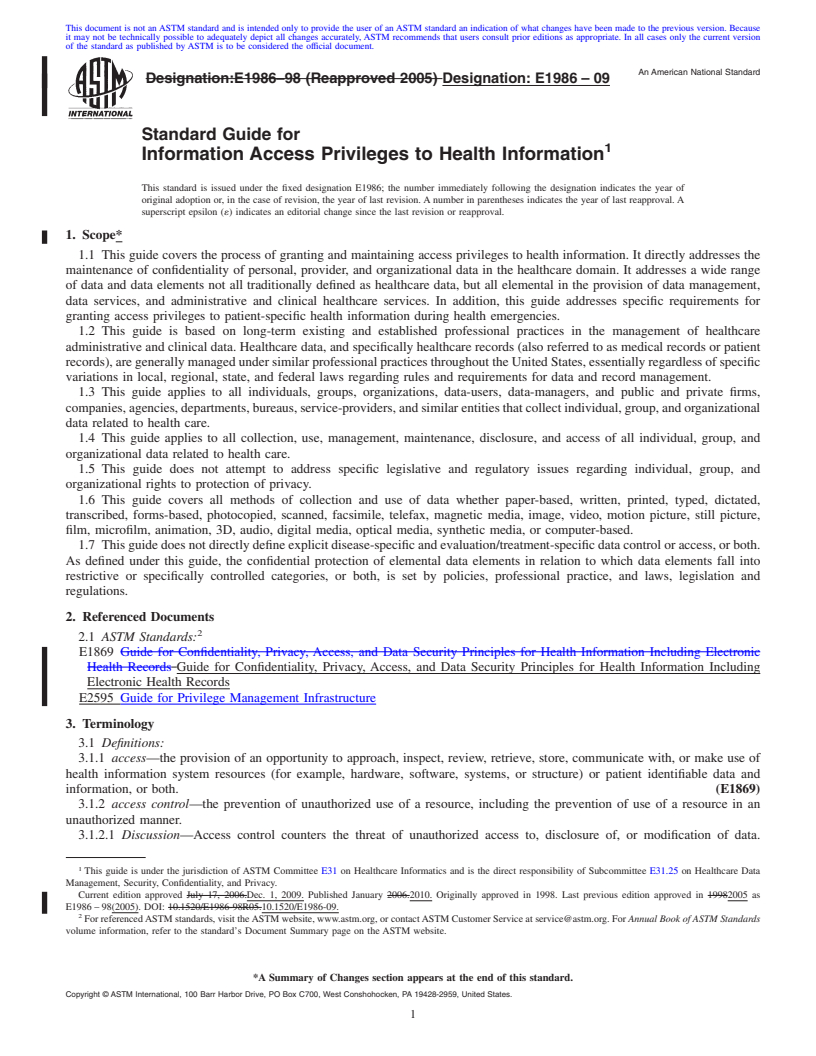 REDLINE ASTM E1986-09 - Standard Guide for Information Access Privileges to Health Information