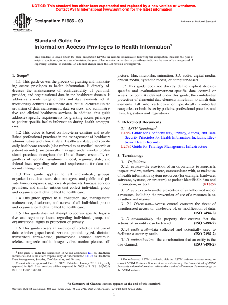 ASTM E1986-09 - Standard Guide for Information Access Privileges to Health Information