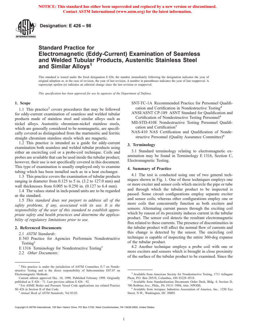 ASTM E426-98 - Standard Practice for Electromagnetic (Eddy-Current) Examination of Seamless and Welded Tubular Products, Austenitic Stainless Steel and Similar Alloys