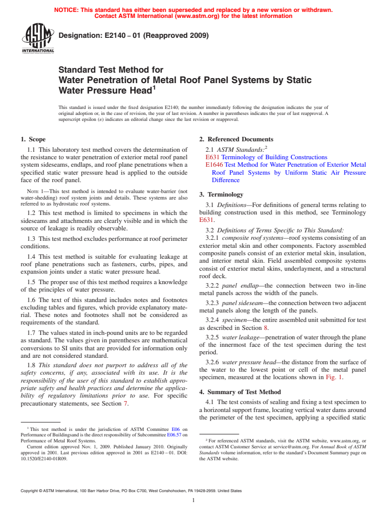 ASTM E2140-01(2009) - Standard Test Method for Water Penetration of Metal Roof Panel Systems by Static Water Pressure Head