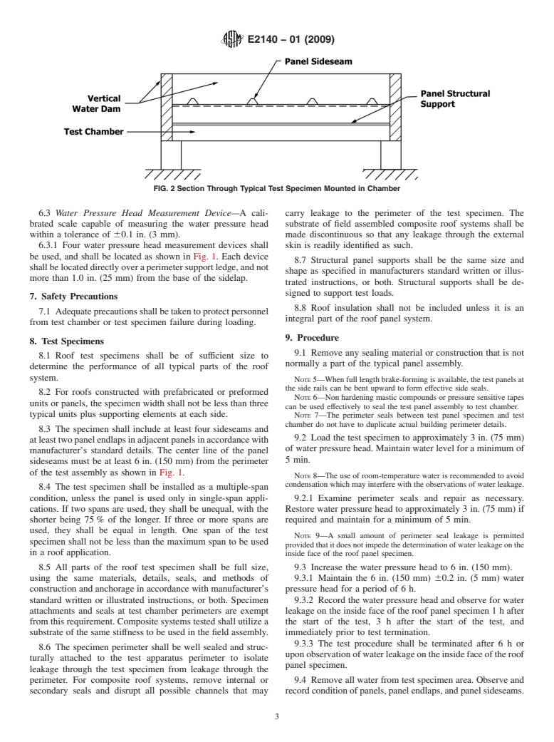 ASTM E2140-01(2009) - Standard Test Method for Water Penetration of Metal Roof Panel Systems by Static Water Pressure Head