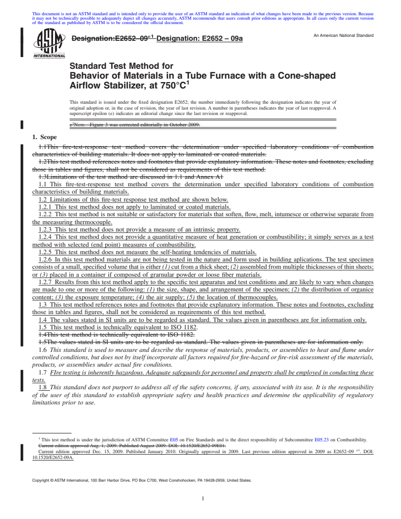 REDLINE ASTM E2652-09a - Standard Test Method for  Behavior of Materials in a Tube Furnace with a Cone-shaped Airflow Stabilizer, at 750<span class='unicode'>&#x00B0;</span>C