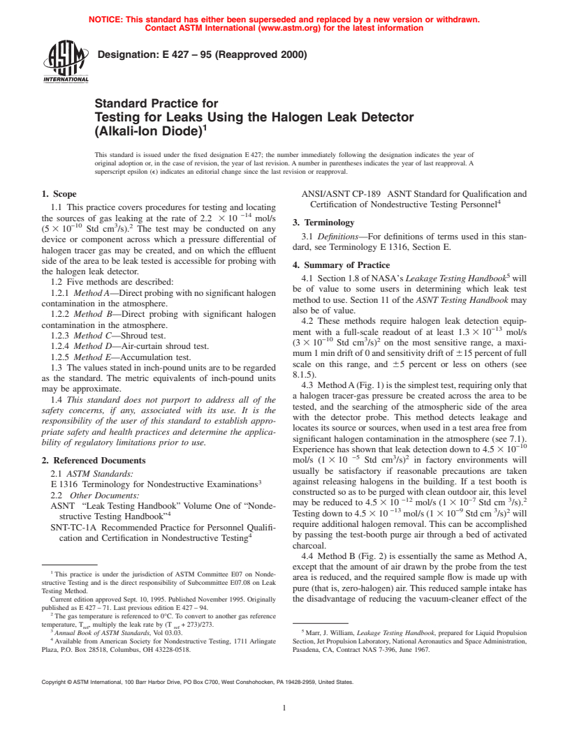 ASTM E427-95(2000) - Standard Practice for Testing for Leaks Using the Halogen Leak Detector (Alkali-Ion Diode)