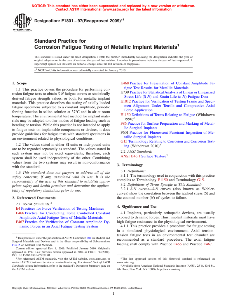 ASTM F1801-97(2009)e1 - Standard Practice for Corrosion Fatigue Testing of Metallic Implant Materials