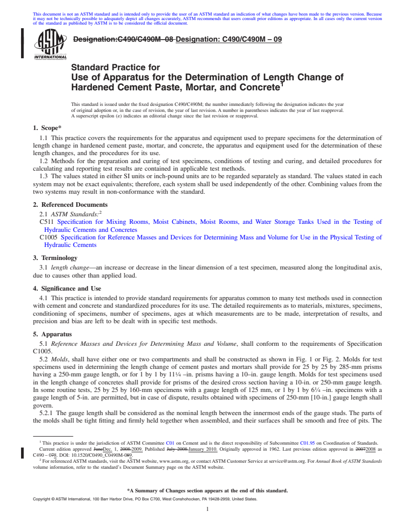 REDLINE ASTM C490/C490M-09 - Standard Practice for Use of Apparatus for the Determination of Length Change of Hardened Cement Paste, Mortar, and Concrete