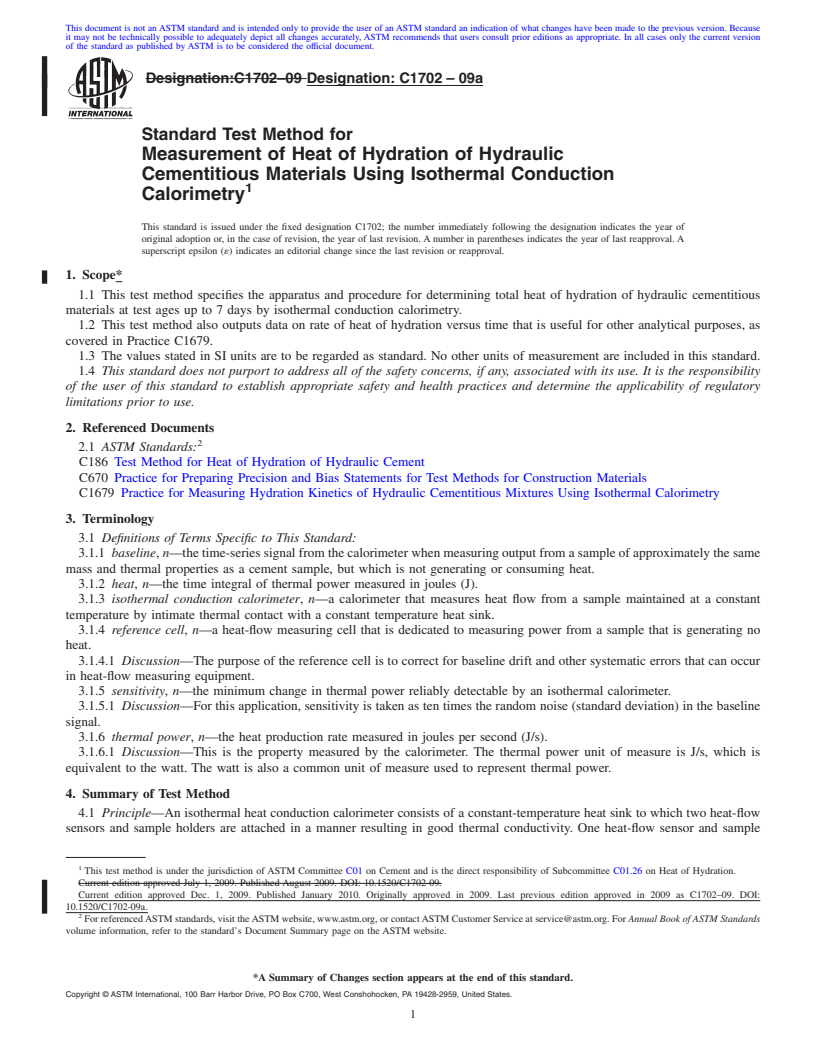 REDLINE ASTM C1702-09a - Standard Test Method for Measurement of Heat of Hydration of Hydraulic Cementitious Materials Using Isothermal Conduction Calorimetry