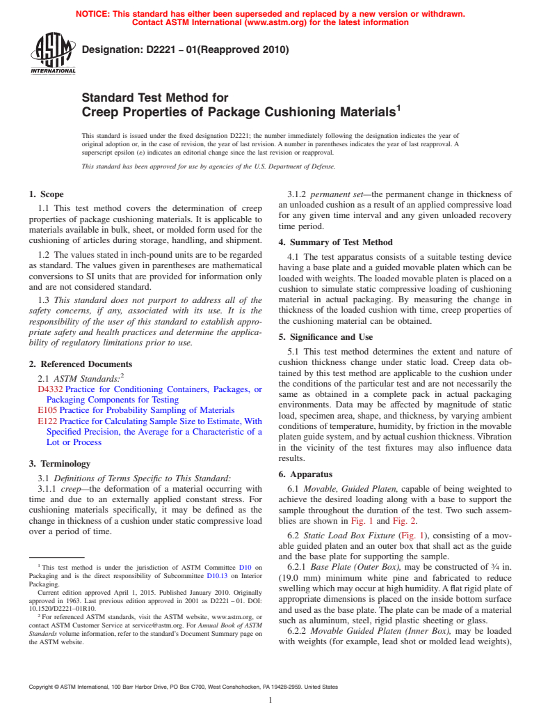 ASTM D2221-01(2010) - Standard Test Method for Creep Properties of Package Cushioning Materials