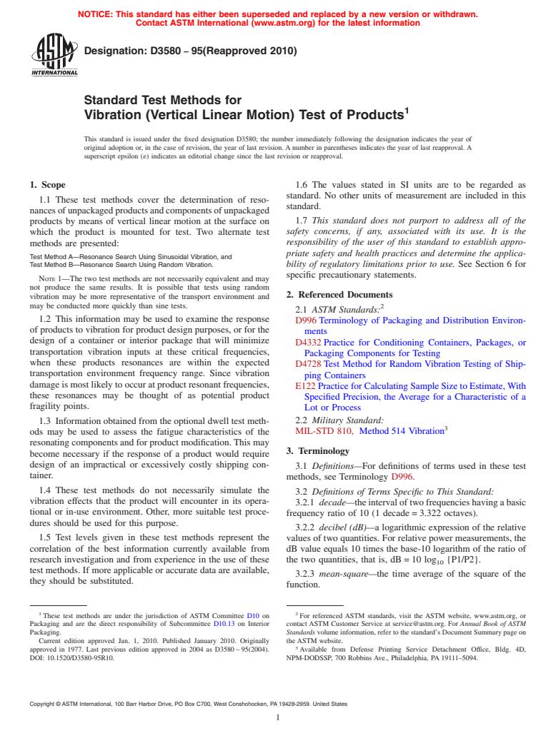 ASTM D3580-95(2010) - Standard Test Methods for Vibration (Vertical Linear Motion) Test of Products