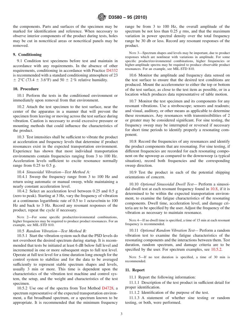 ASTM D3580-95(2010) - Standard Test Methods for Vibration (Vertical Linear Motion) Test of Products