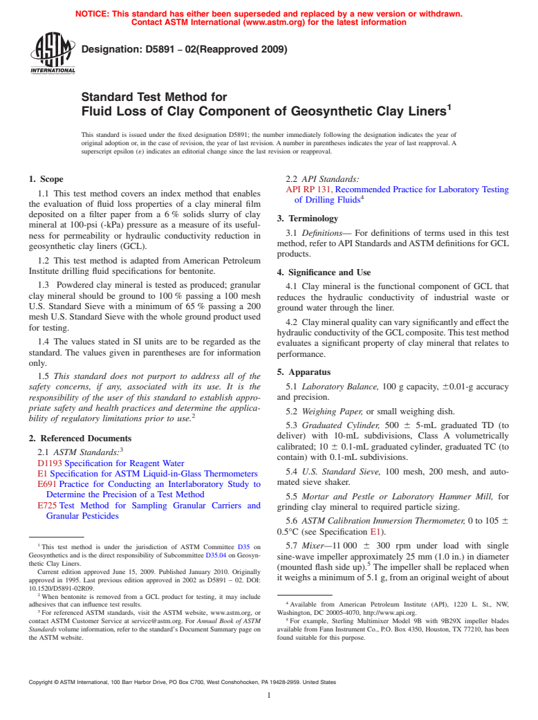 ASTM D5891-02(2009) - Standard Test Method for Fluid Loss of Clay Component of Geosynthetic Clay Liners