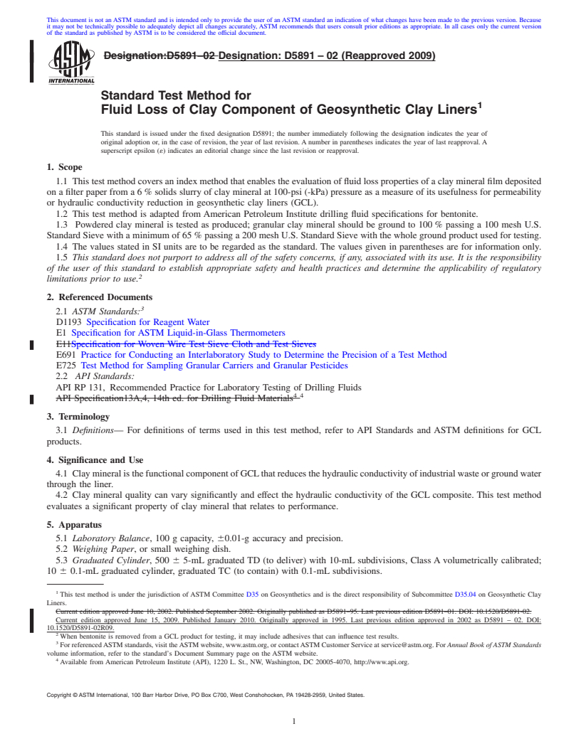 REDLINE ASTM D5891-02(2009) - Standard Test Method for Fluid Loss of Clay Component of Geosynthetic Clay Liners