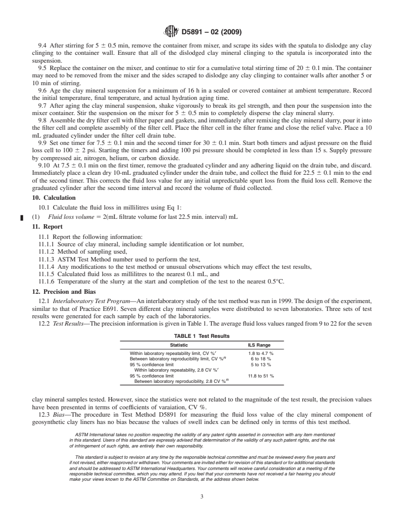 REDLINE ASTM D5891-02(2009) - Standard Test Method for Fluid Loss of Clay Component of Geosynthetic Clay Liners