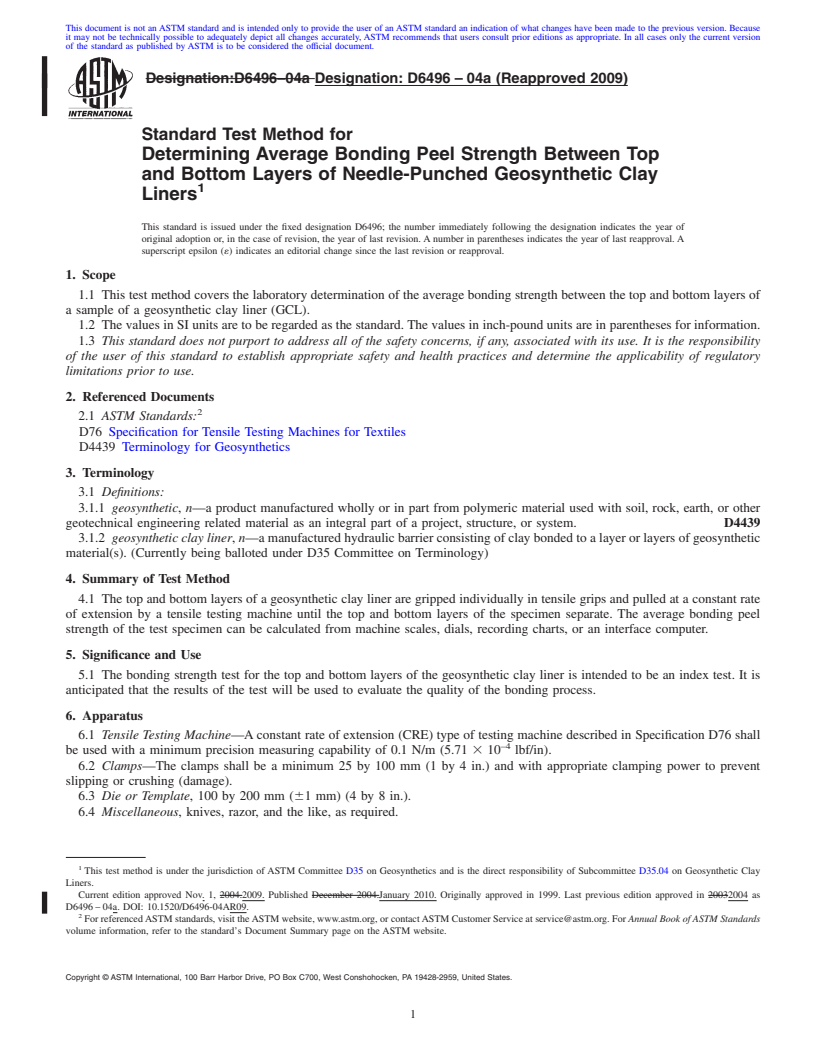 REDLINE ASTM D6496-04a(2009) - Standard Test Method for Determining Average Bonding Peel Strength Between the Top and Bottom Layers of Needle-Punched Geosynthetic Clay Liners