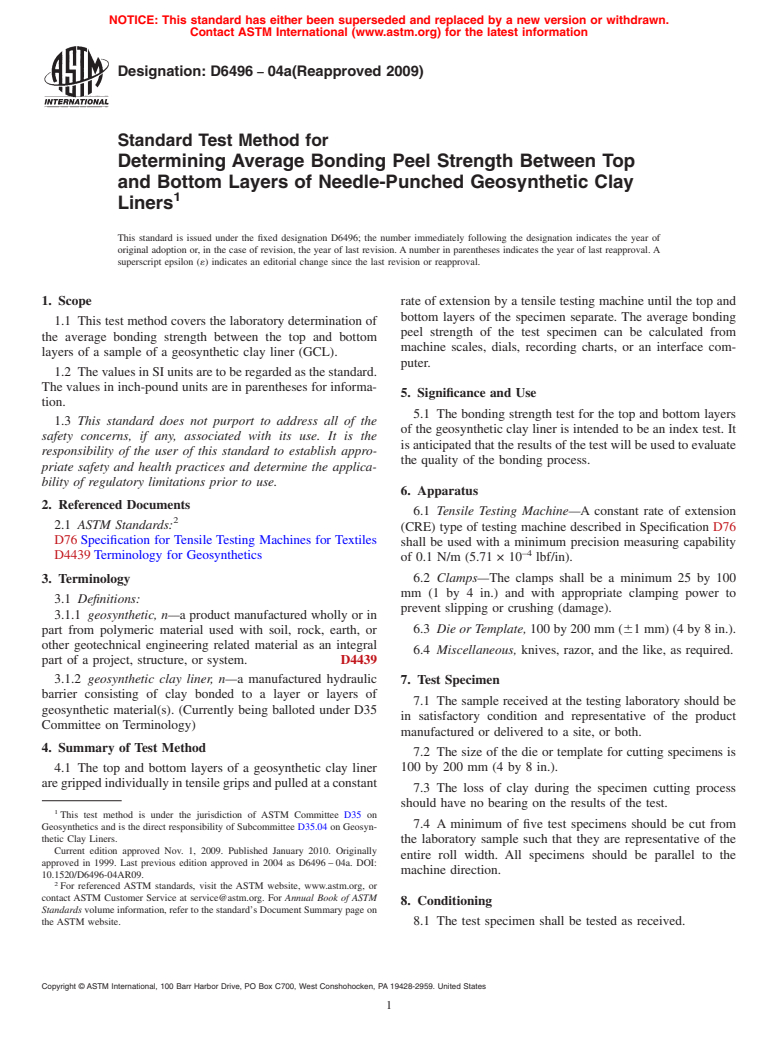 ASTM D6496-04a(2009) - Standard Test Method for Determining Average Bonding Peel Strength Between the Top and Bottom Layers of Needle-Punched Geosynthetic Clay Liners