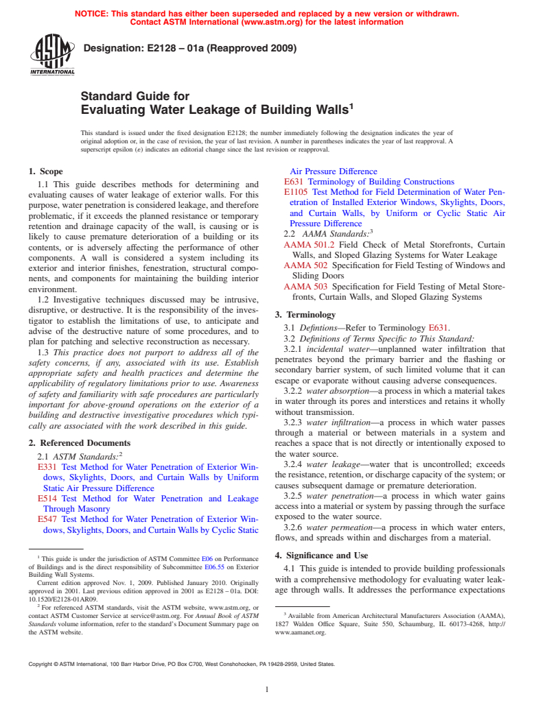 ASTM E2128-01a(2009) - Standard Guide for Evaluating Water Leakage of Building Walls