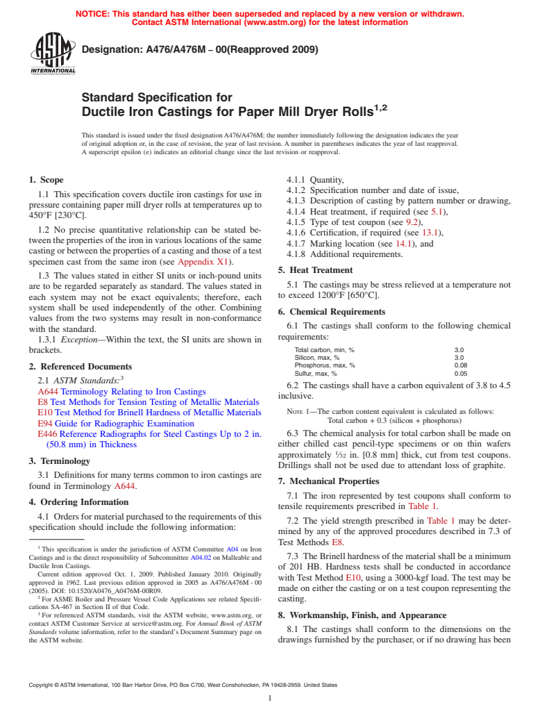 ASTM A476/A476M-00(2009) - Standard Specification for Ductile Iron Castings for Paper Mill Dryer Rolls