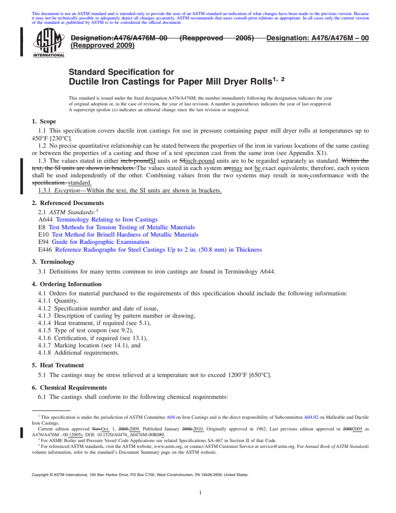 REDLINE ASTM A476/A476M-00(2009) - Standard Specification for Ductile Iron Castings for Paper Mill Dryer Rolls