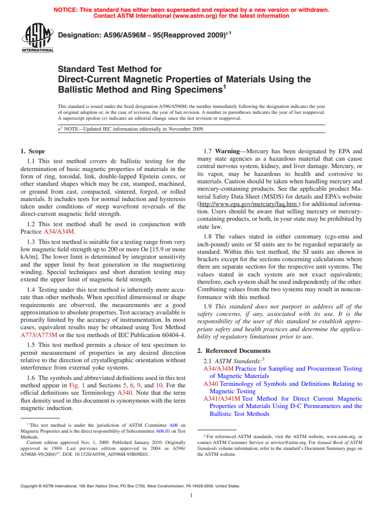 ASTM A596/A596M-95(2009)e1 - Standard Test Method for Direct-Current Magnetic Properties of Materials Using the Ballistic Method and Ring Specimens