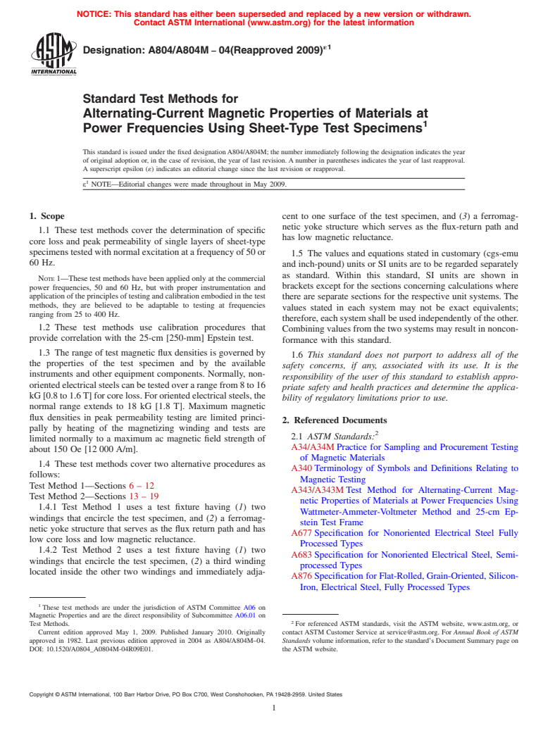 ASTM A804/A804M-04(2009)e1 - Standard Test Methods for Alternating-Current Magnetic Properties of Materials at Power Frequencies Using Sheet-Type Test Specimens