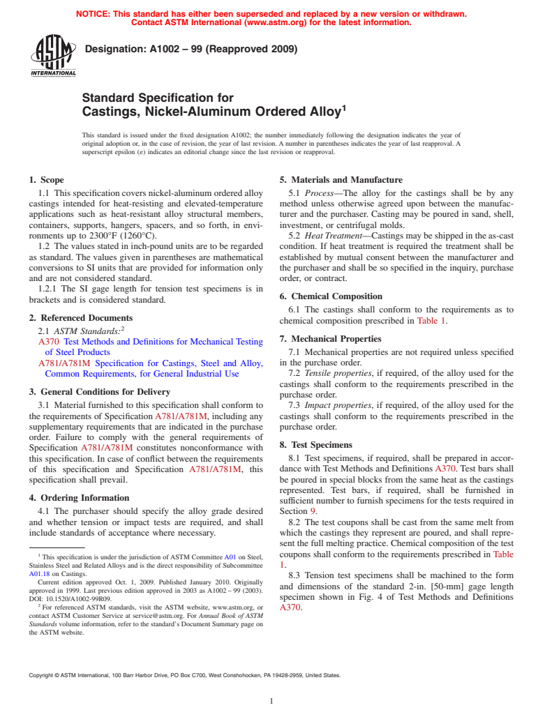 ASTM A1002-99(2009) - Standard Specification for Castings, Nickel-Aluminum Ordered Alloy