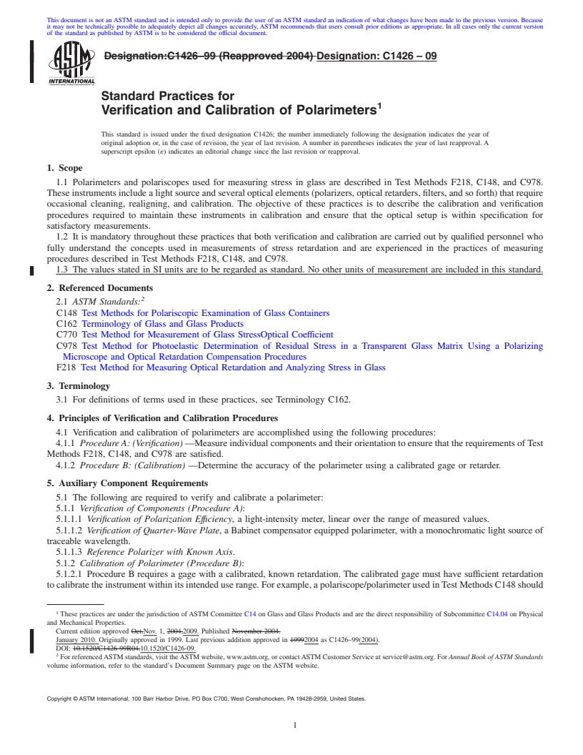 REDLINE ASTM C1426-09 - Standard Practices for Verification and Calibration of Polarimeters