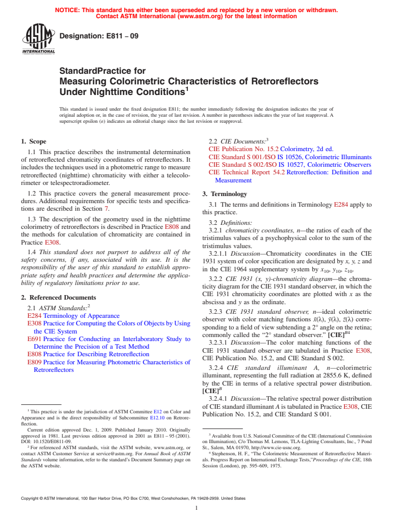 ASTM E811-09 - Standard Practice for Measuring Colorimetric Characteristics of Retroreflectors Under Nighttime Conditions