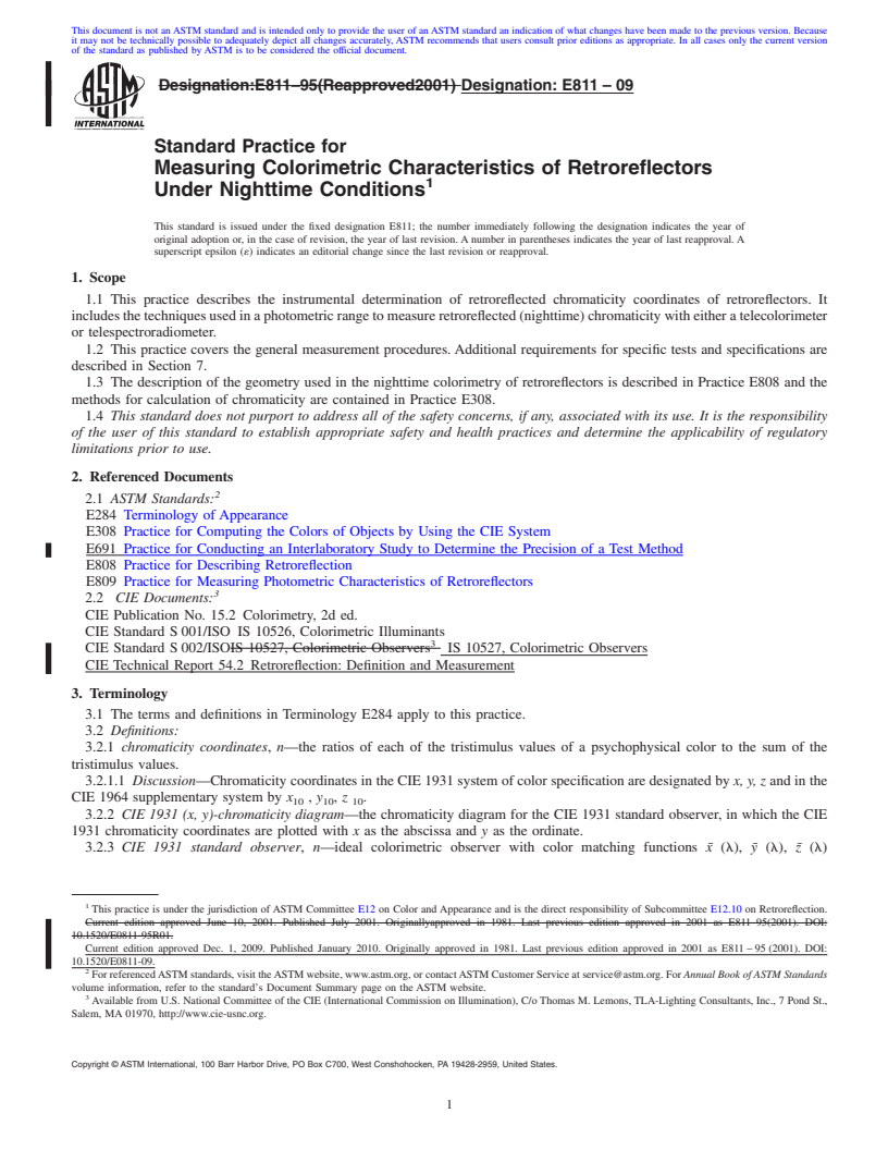 REDLINE ASTM E811-09 - Standard Practice for Measuring Colorimetric Characteristics of Retroreflectors Under Nighttime Conditions