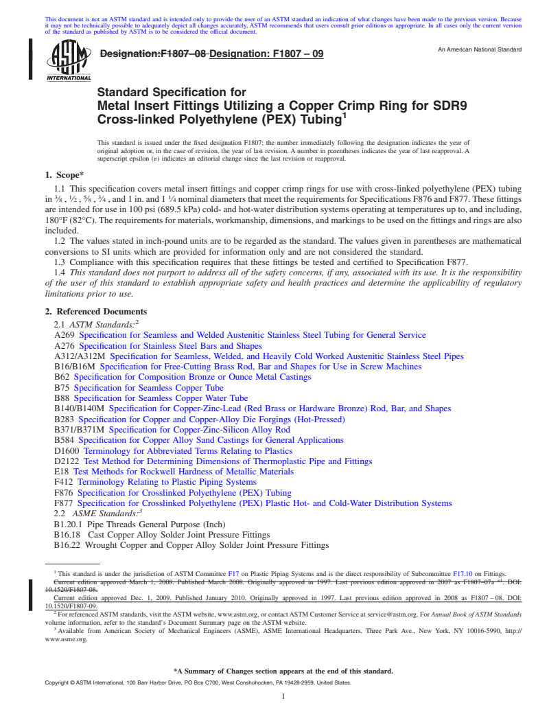 REDLINE ASTM F1807-09 - Standard Specification for  Metal Insert Fittings Utilizing a Copper Crimp Ring for SDR9 Cross-linked Polyethylene (PEX) Tubing