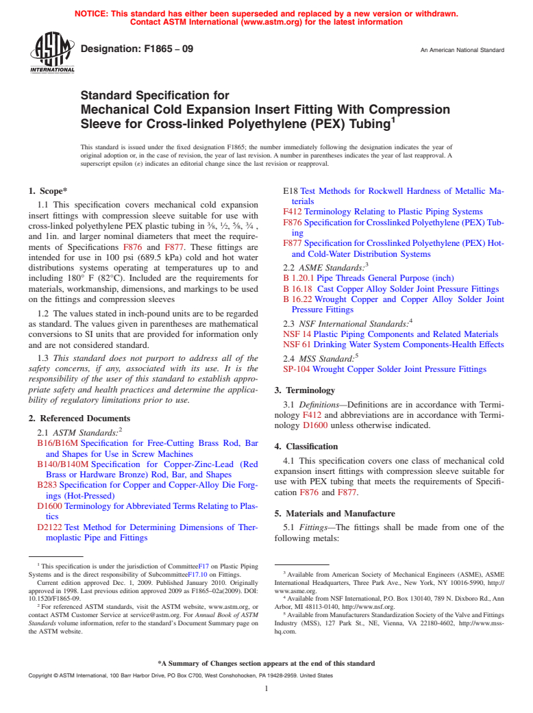 ASTM F1865-09 - Standard Specification for Mechanical Cold Expansion Insert Fitting With Compression Sleeve for Cross-linked Polyethylene (PEX) Tubing (Withdrawn 2018)