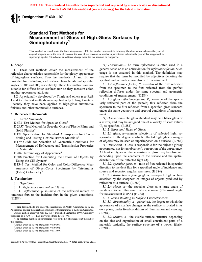 ASTM E430-97 - Standard Test Methods for Measurement of Gloss of High-Gloss Surfaces by Goniophotometry