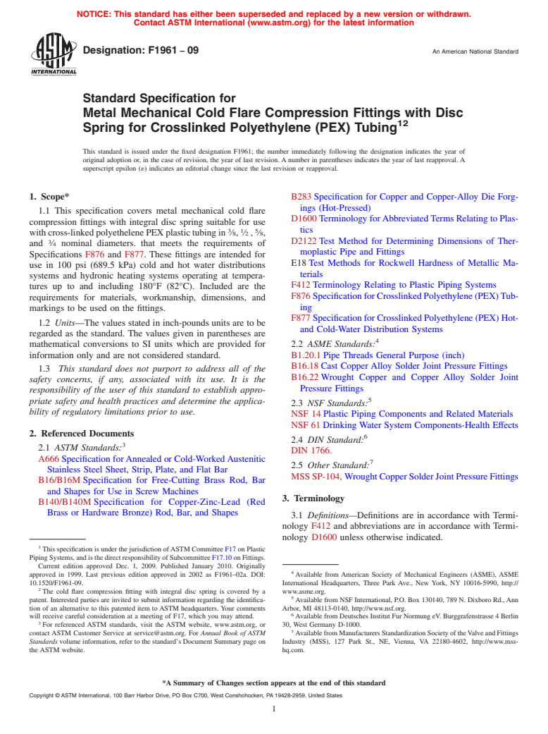 ASTM F1961-09 - Standard Specification for Metal Mechanical Cold Flare Compression Fittings with Disc Spring for Crosslinked Polyethylene (PEX) Tubing (Withdrawn 2018)