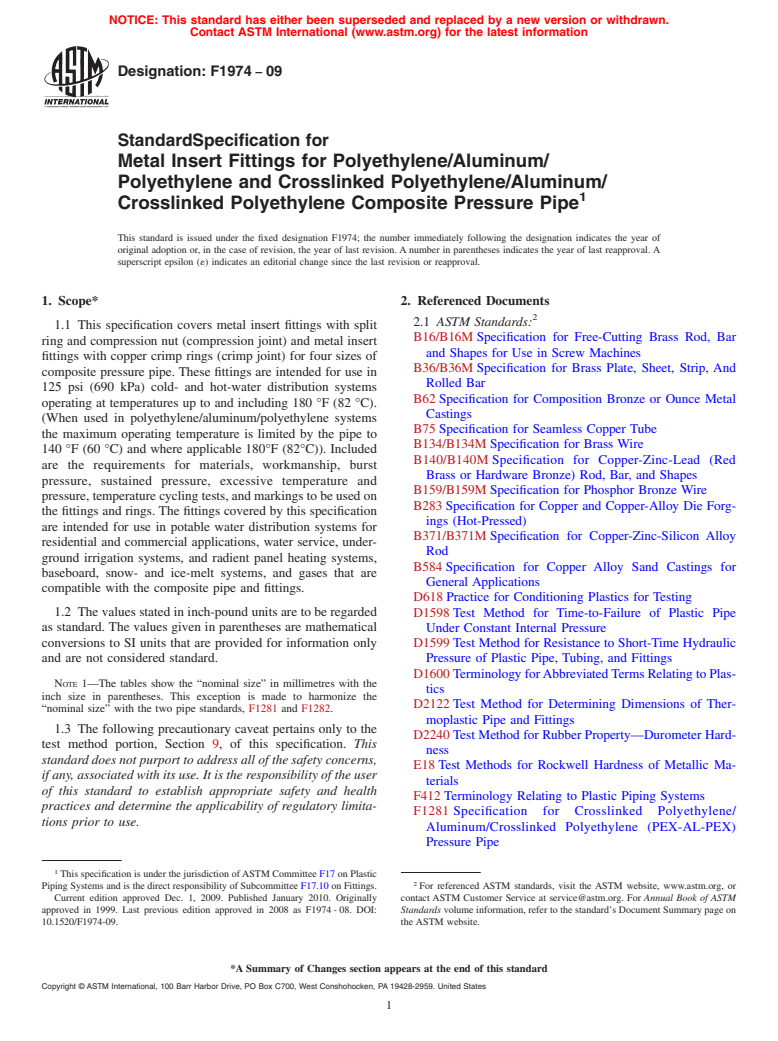 ASTM F1974-09 - Standard Specification for Metal Insert Fittings for Polyethylene/Aluminum/Polyethylene and Crosslinked Polyethylene/Aluminum/Crosslinked Polyethylene Composite Pressure Pipe