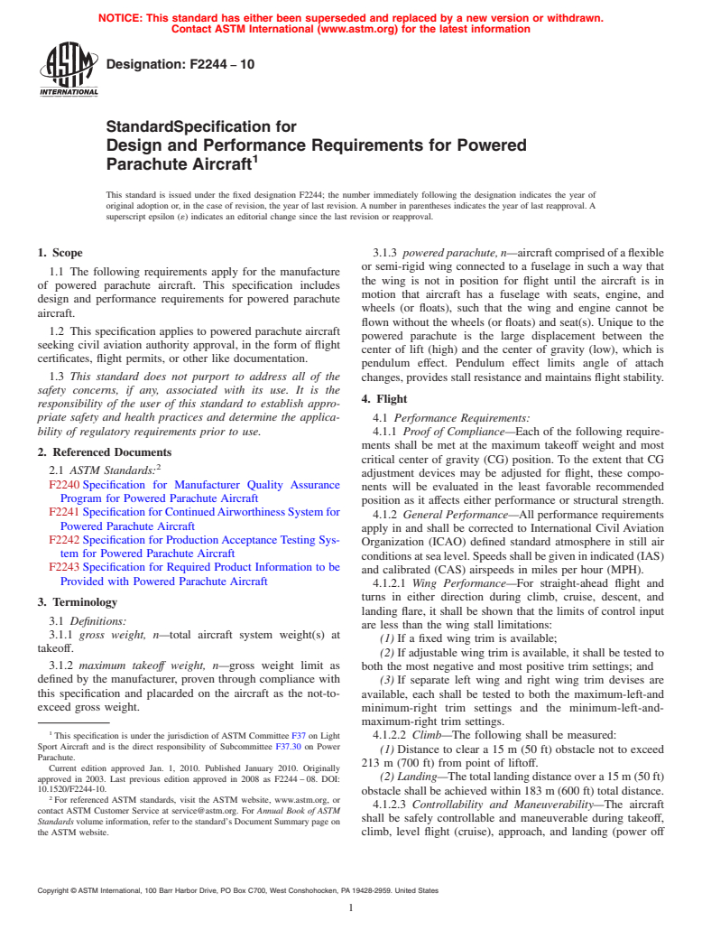 ASTM F2244-10 - Standard Specification for Design and Performance Requirements for Powered Parachute Aircraft