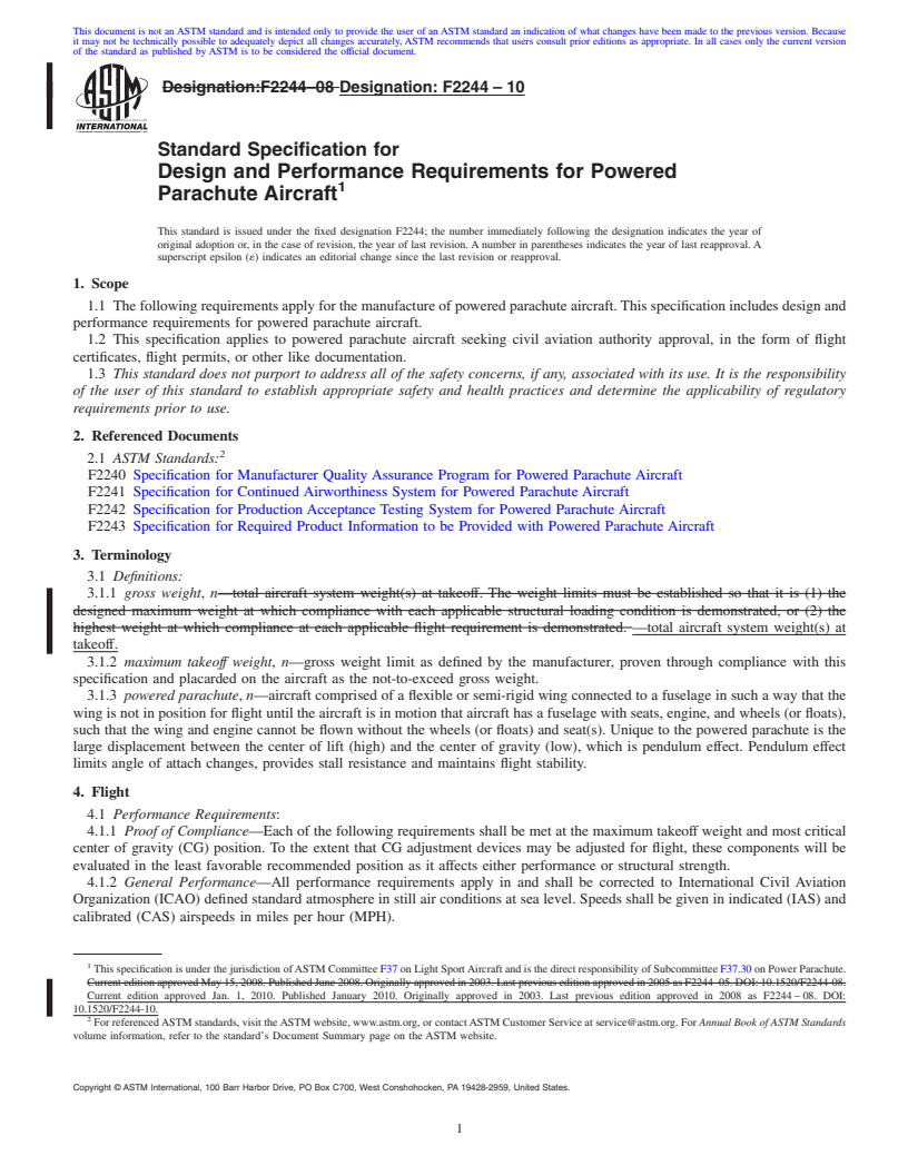 REDLINE ASTM F2244-10 - Standard Specification for Design and Performance Requirements for Powered Parachute Aircraft