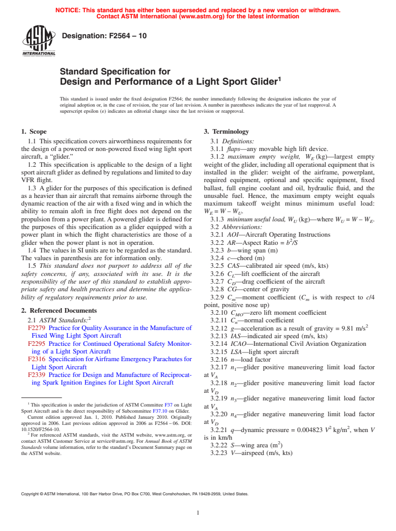 ASTM F2564-10 - Standard Specification for Design and Performance of a Light Sport Glider