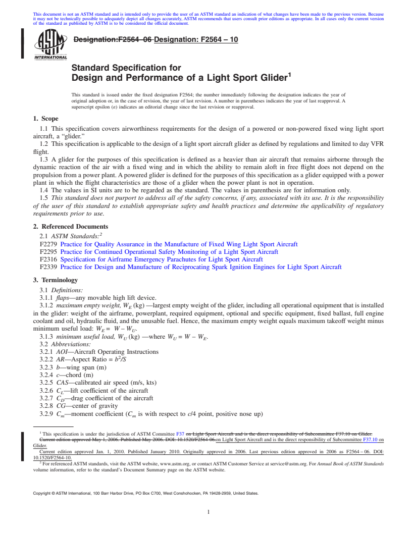 REDLINE ASTM F2564-10 - Standard Specification for Design and Performance of a Light Sport Glider