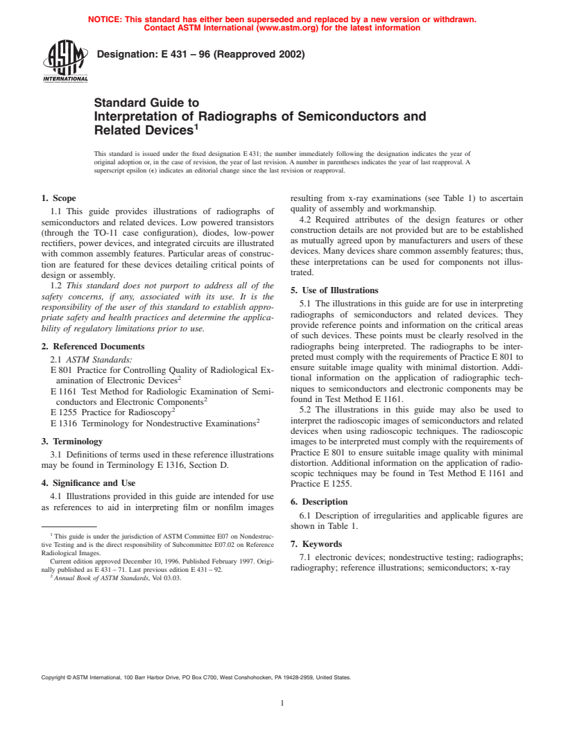 ASTM E431-96(2002) - Standard Guide to Interpretation of Radiographs of Semiconductors and Related Devices